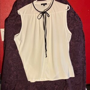 AUW Cream Sleeveless Tie-Neck Blouse with Black Trim